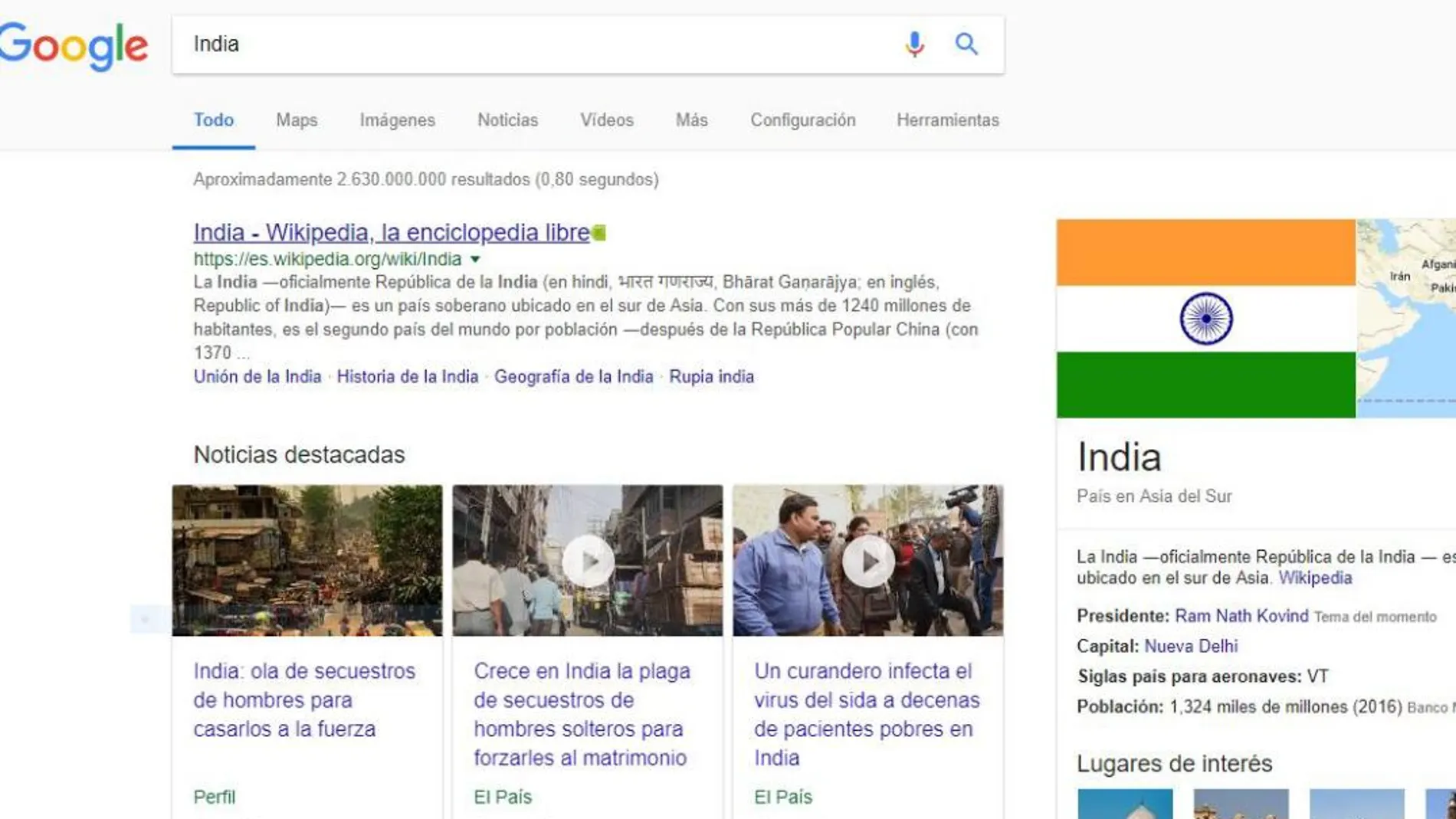 Noticias sobre India en el buscador de Google
