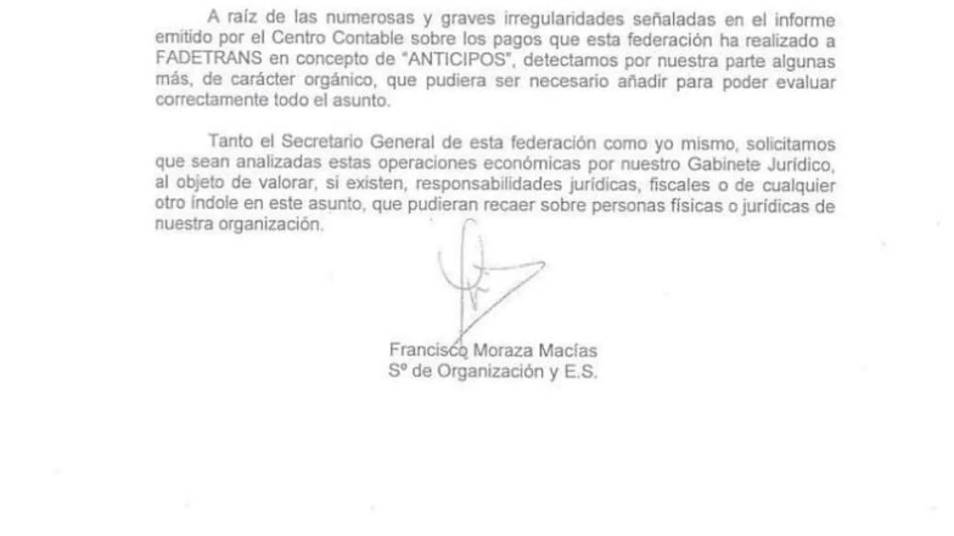 El texto donde se advierte a Soto Cubero de irregularidades