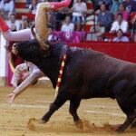 El novillero Roberto Blanco sufre un revolcón con el primero de su lote, durante el segundo festejo de la Feria del Pilar, una novillada mixta celebrada esta tarde en la plaza de La Misericordia de Zaragoza