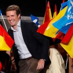 El presidente del Partido Popular Pablo Casado llega a la sede de los populares en Madrid.