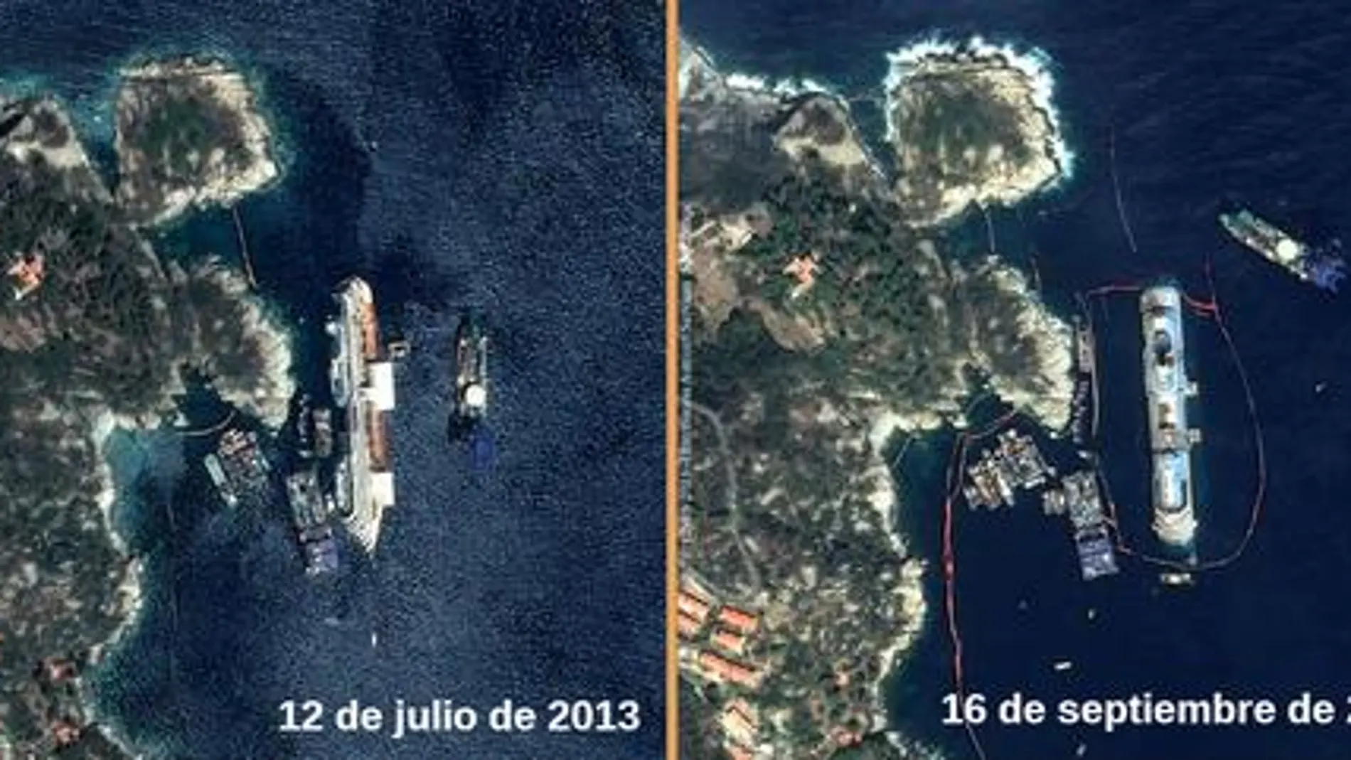 Así vio el satélite el reflotamiento del «Costa Concordia»