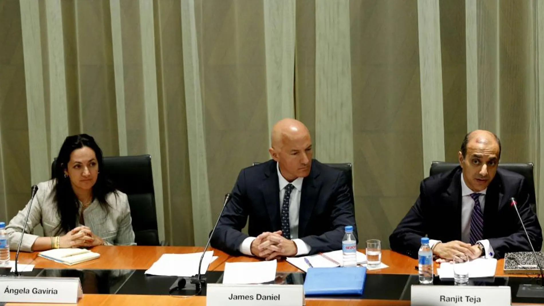 El jefe de la misión del Fondo Monetario Internacional (FMI) para España, James Daniel (c), y el subdirector del departamento de Europa del Fondo, Ranjit Teja (d), han presentado hoy en el Banco de España el informe sobre la evolución de la economía española.