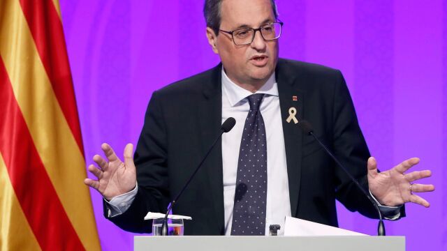 El presidente catalán, Quim Torra, durante la rueda de prensa ofrecida este martes en el Palau de la Generalitat