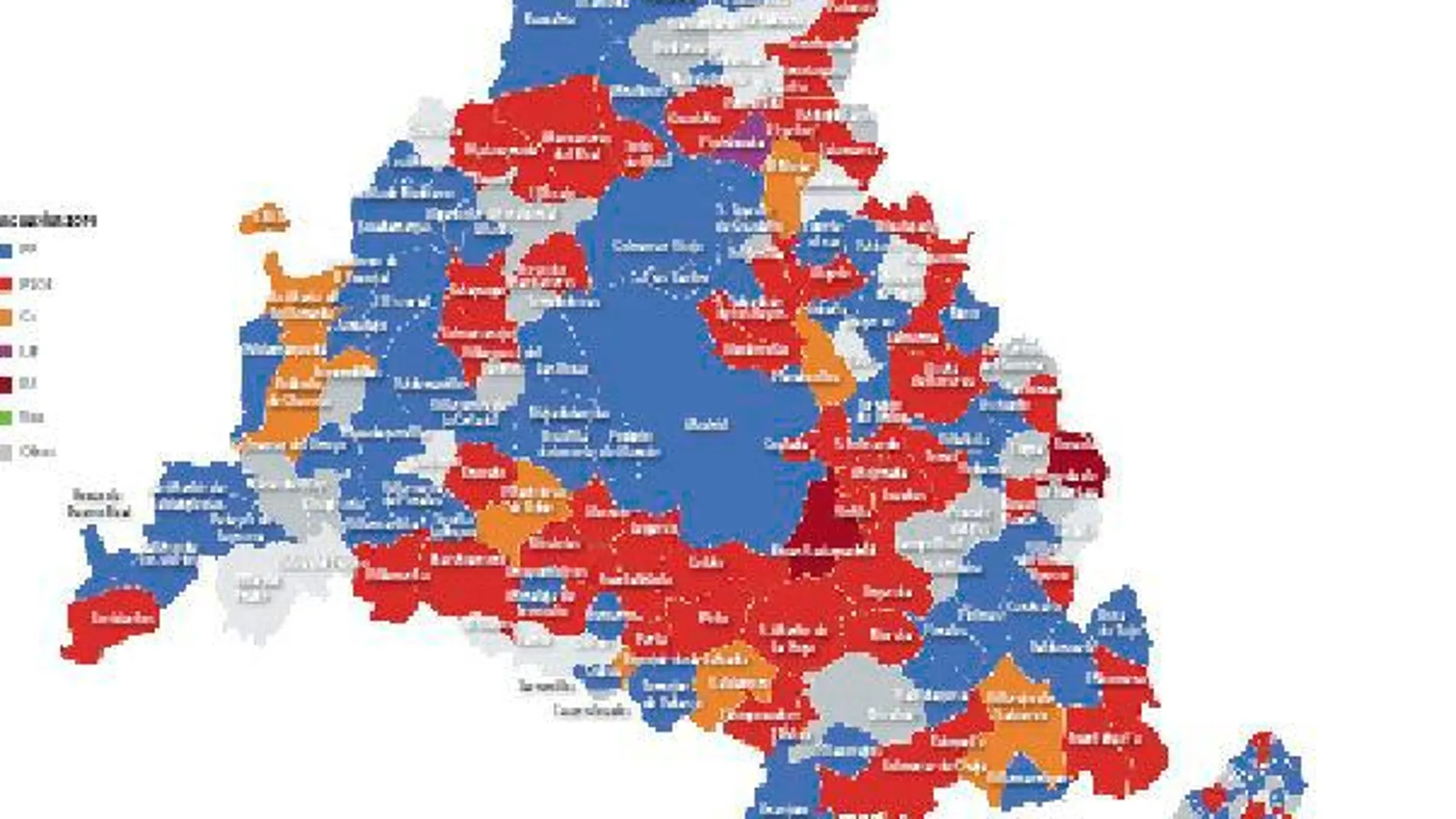 Imagen del mapa de la comunidad de Madrid con los municipios coloreados según el partido que gobernará los próximos 4 años