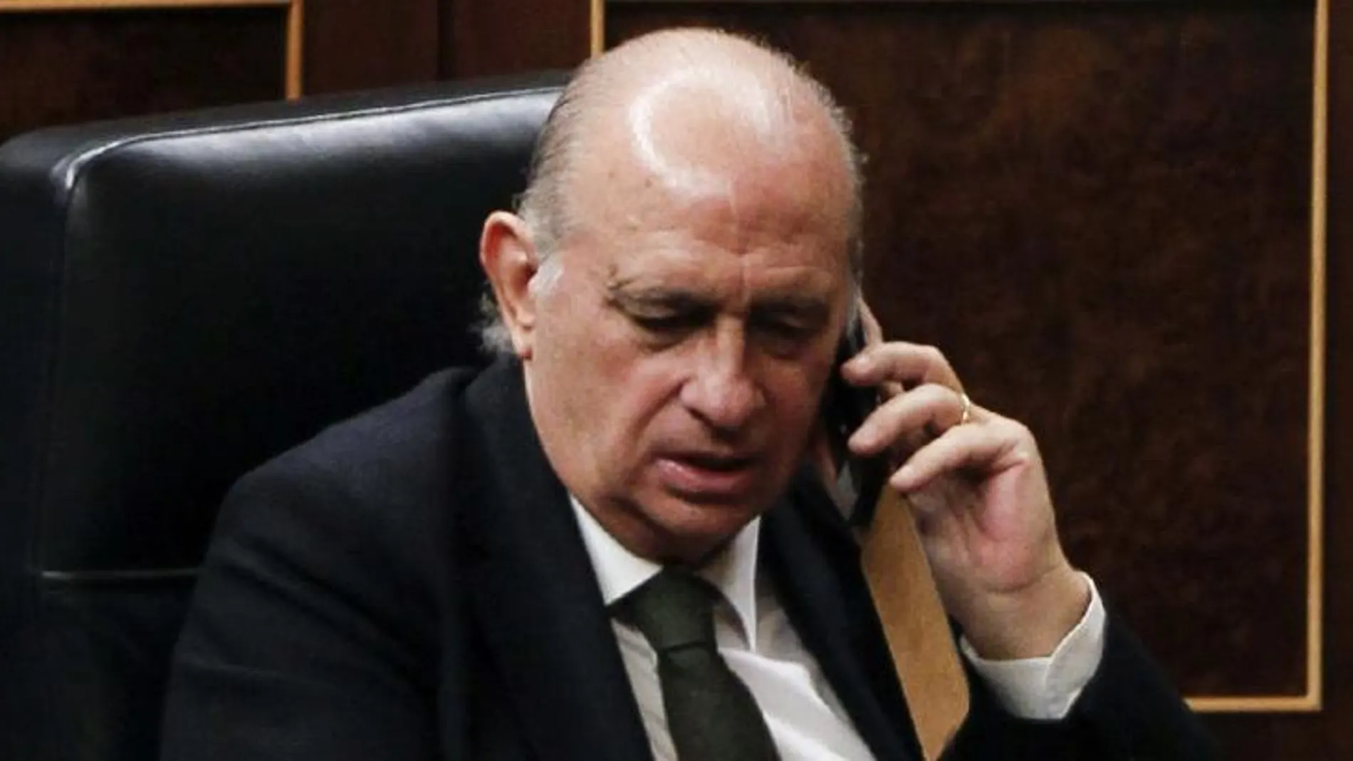 El ministro del Interior, Jorge Fernández Díaz, habla por teléfono durante el pleno que hoy ha celebrado el Congreso.