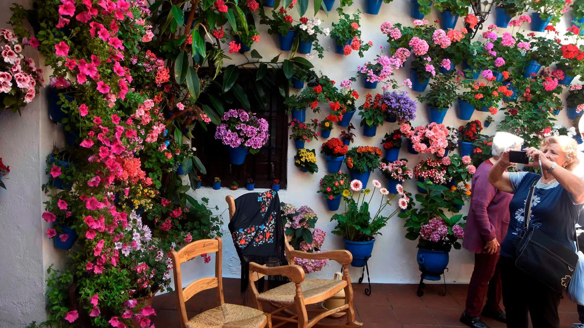 Varias personas visitan un patio de la calle Tinte de Córdoba, con sus coloristas macetas con flores / Foto: Efe