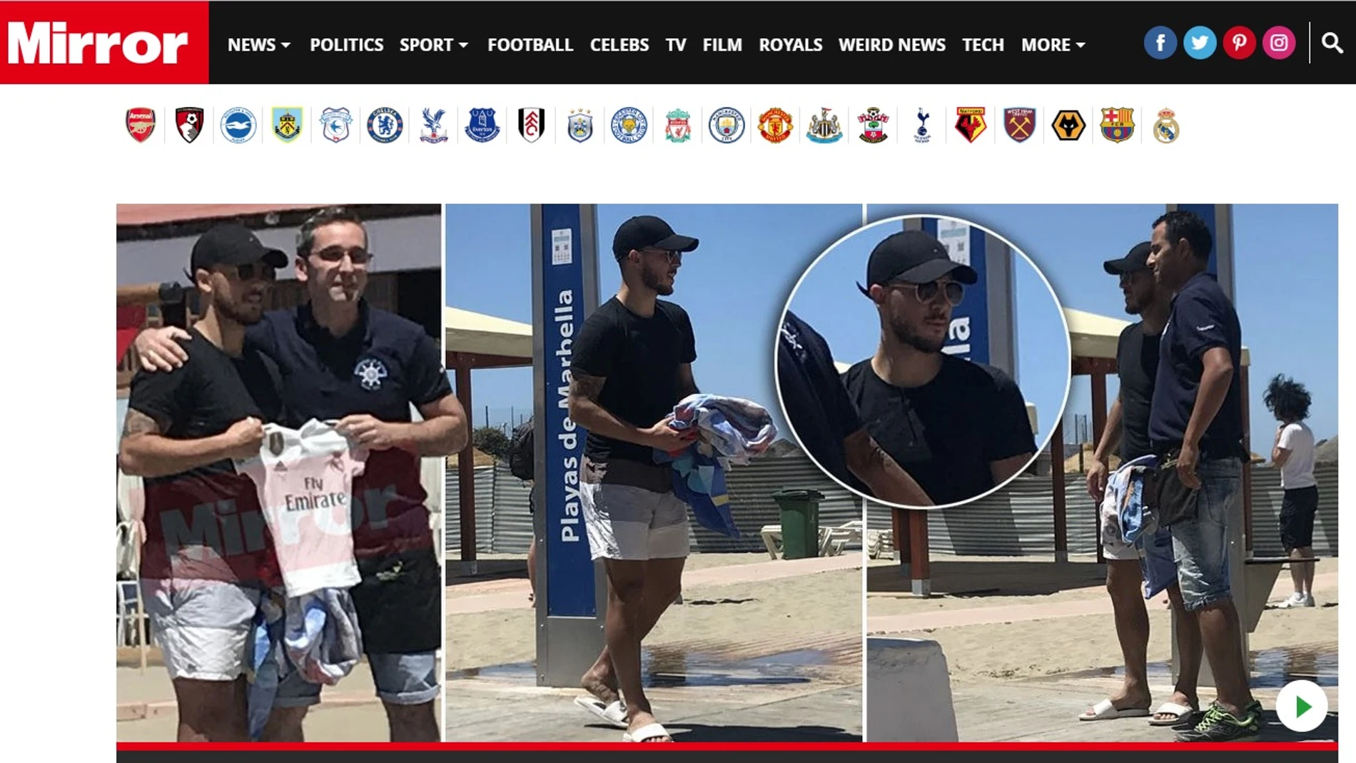 Imagen de la web del Mirror con Hazard posando con la camiseta del Real Madrid
