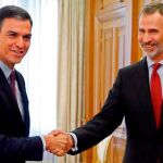 Felipe VI saluda al líder del PSOE, Pedro Sánchez en el Palacio de la Zarzuela. EFE/Juan Carlos Hidalgo ***POOL***