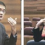 El portavoz de los socialistas, Óscar López y la consejera de Hacienda, Pilar del Olmo, ayer en las Cortes regionales