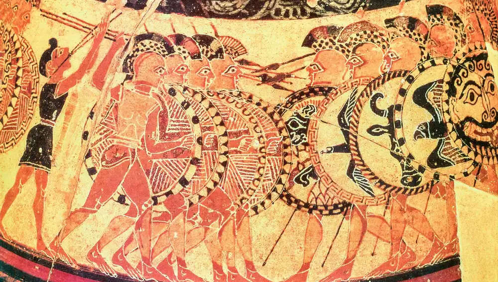 Un detalle del llamado jarrón de Chigi, de origen protocorintiano, hallado en el Monte Aguzzo y en el que se presentan imágenes mitológicas y de guerras de la antigua Grecia