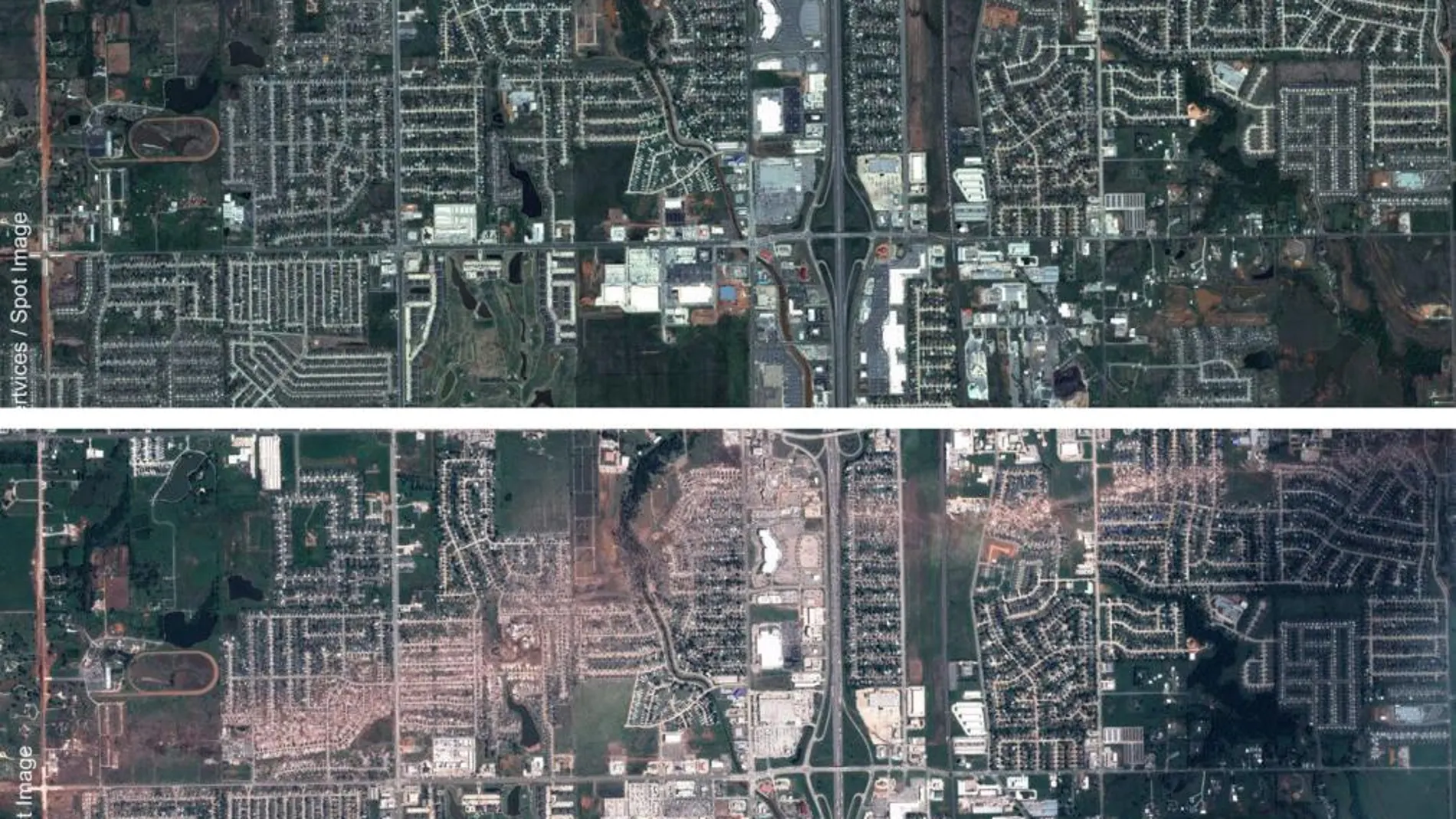 Imágenes del antes y el después de la ciudad de Moore tomadas por Pléiades