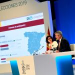 La subsecretaria del Ministerio del Interior, Isabel Goicoechea, y el secretario de Estado de Comunicación, Miguel Ángel Oliver, esta tarde en el centro de datos de Ifema. EFE/Víctor Lerena