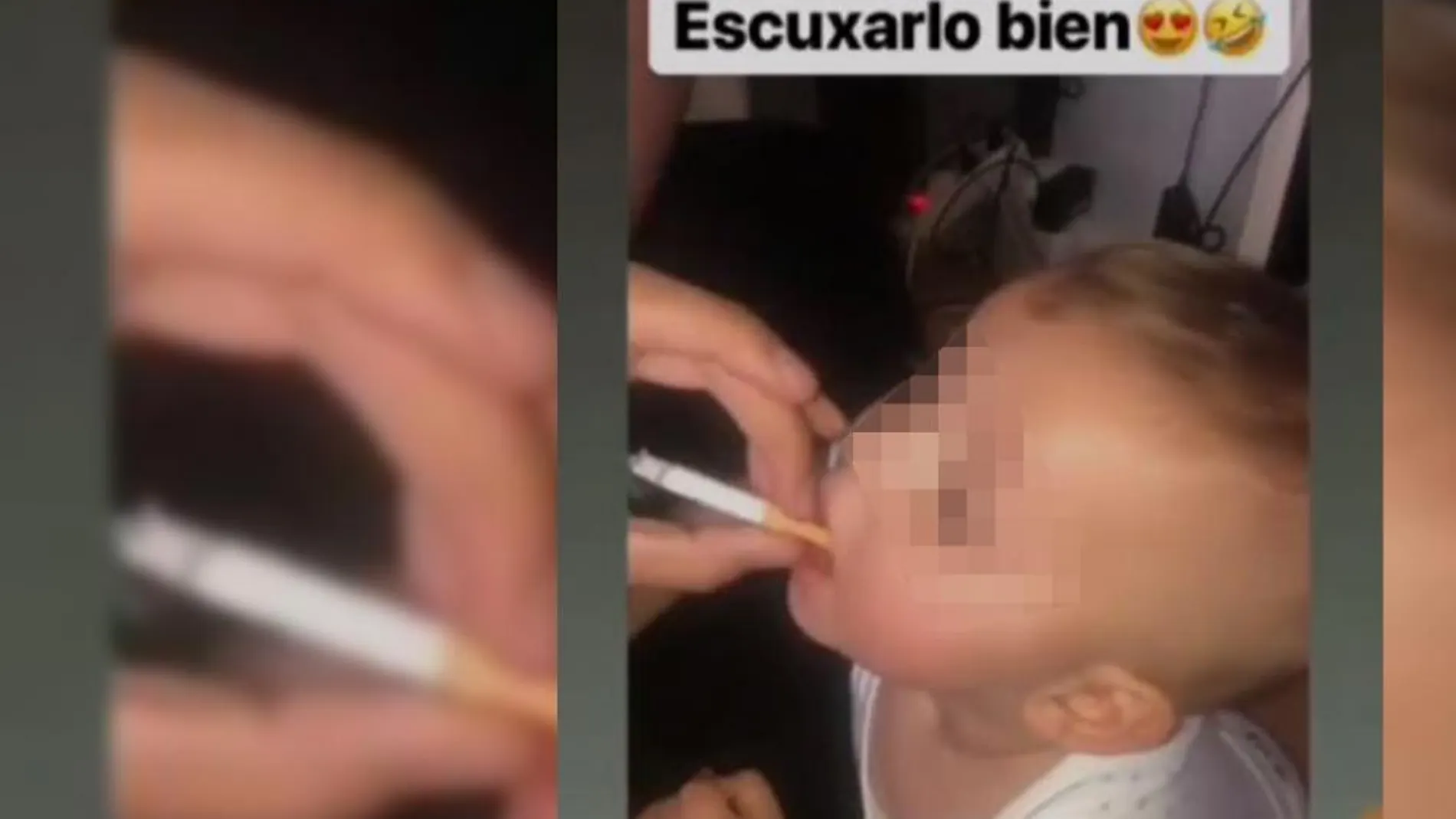 Fotograma de la madre dando de fumar a su hijo