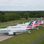 Aviones Boeing 737 MAX de la compañía American Airlines estacionados en Tulsa, Oklahoma,
