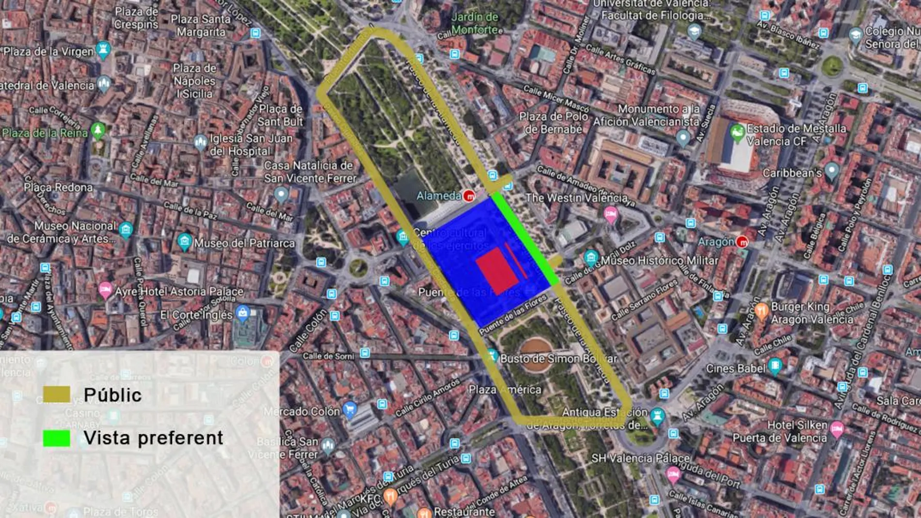 Mapa facilitado por el Ayuntamiento sobre el castillo de fuegos artificiales que se disparará en el viejo cauce del río Turia