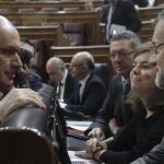 Rajoy, Sáenz de Santamaría y Gallardón conversan con Duran Lleida, hoy en el Pleno del Congreso