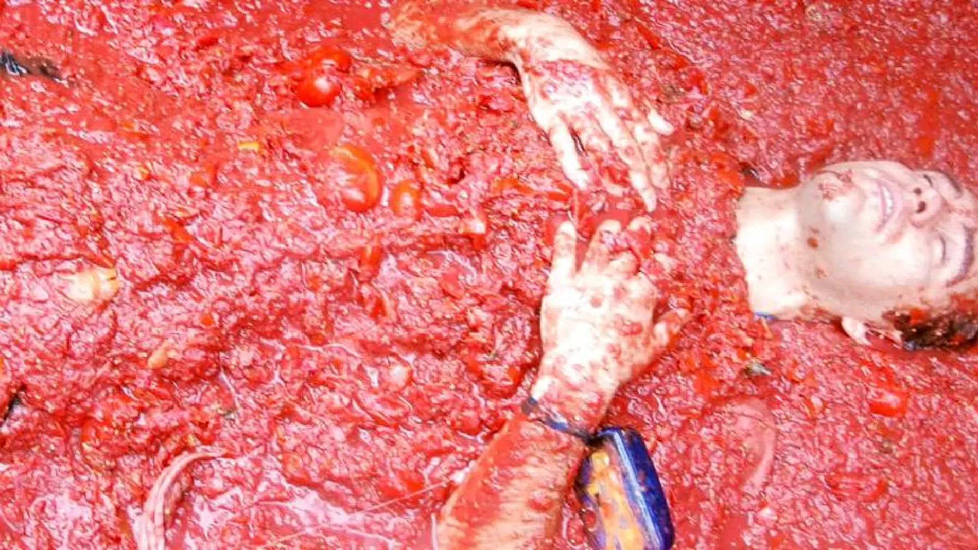 Uno de los asistentes a la Tomatina, totalmente cubierto de tomate