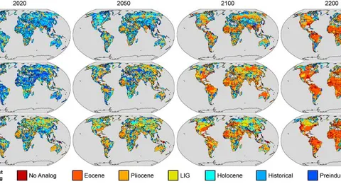 Escenarios del clima para los años 2020, 2050, 2100 y 2200 según tres modelos bien establecidos. Si las emisiones de gases de efecto invernadero no se reducen, según el estudio, el clima continuará calentándose hasta que empiece a parecerse al Eoceno en 2100. CORTESÍA DE LOS AUTORES