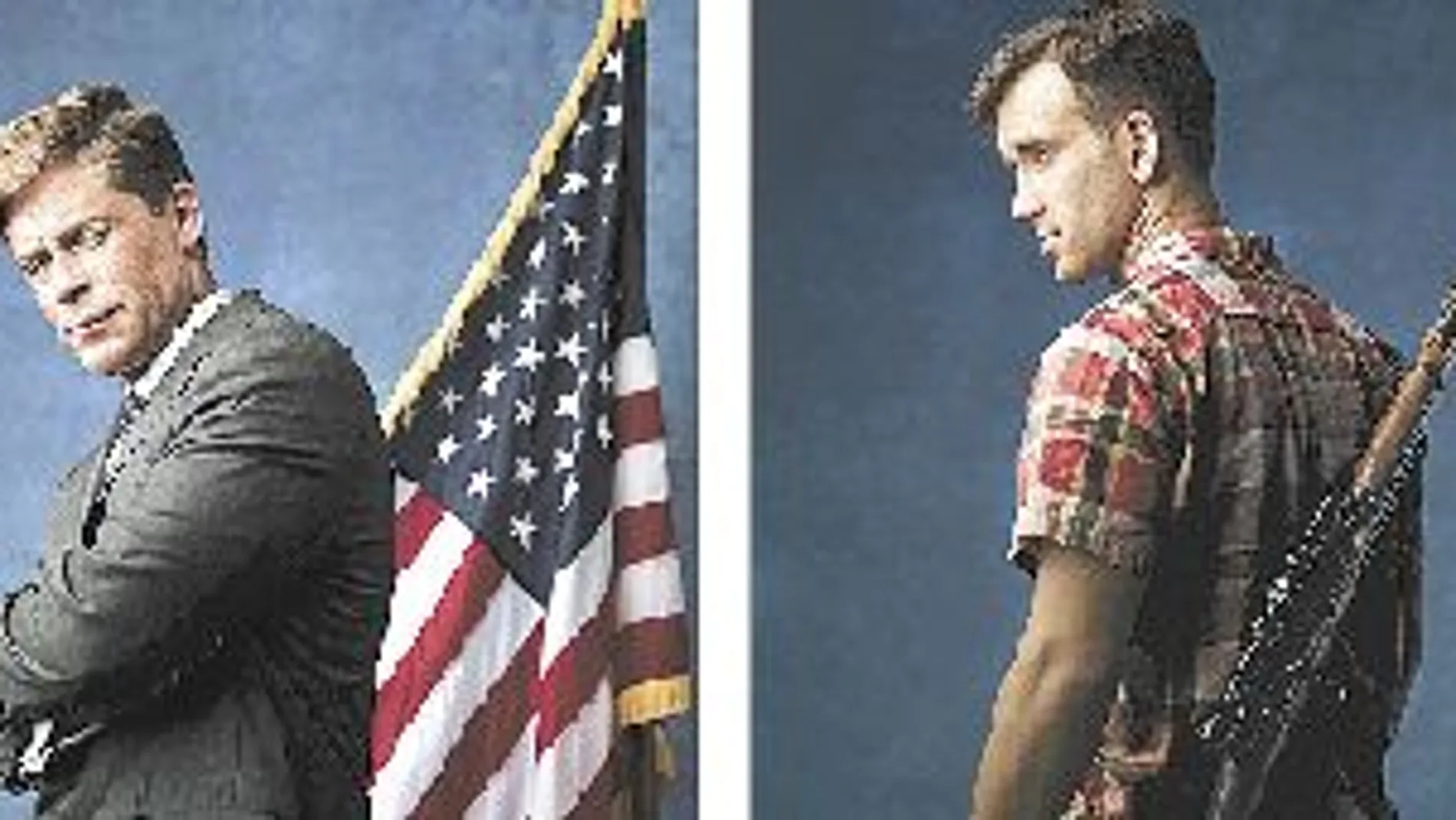 De izda. a dcha., Rob Lowe como John Fitzgerald Kennedy y Will Rothlaar caracterizado como Lee Harvey Oswald