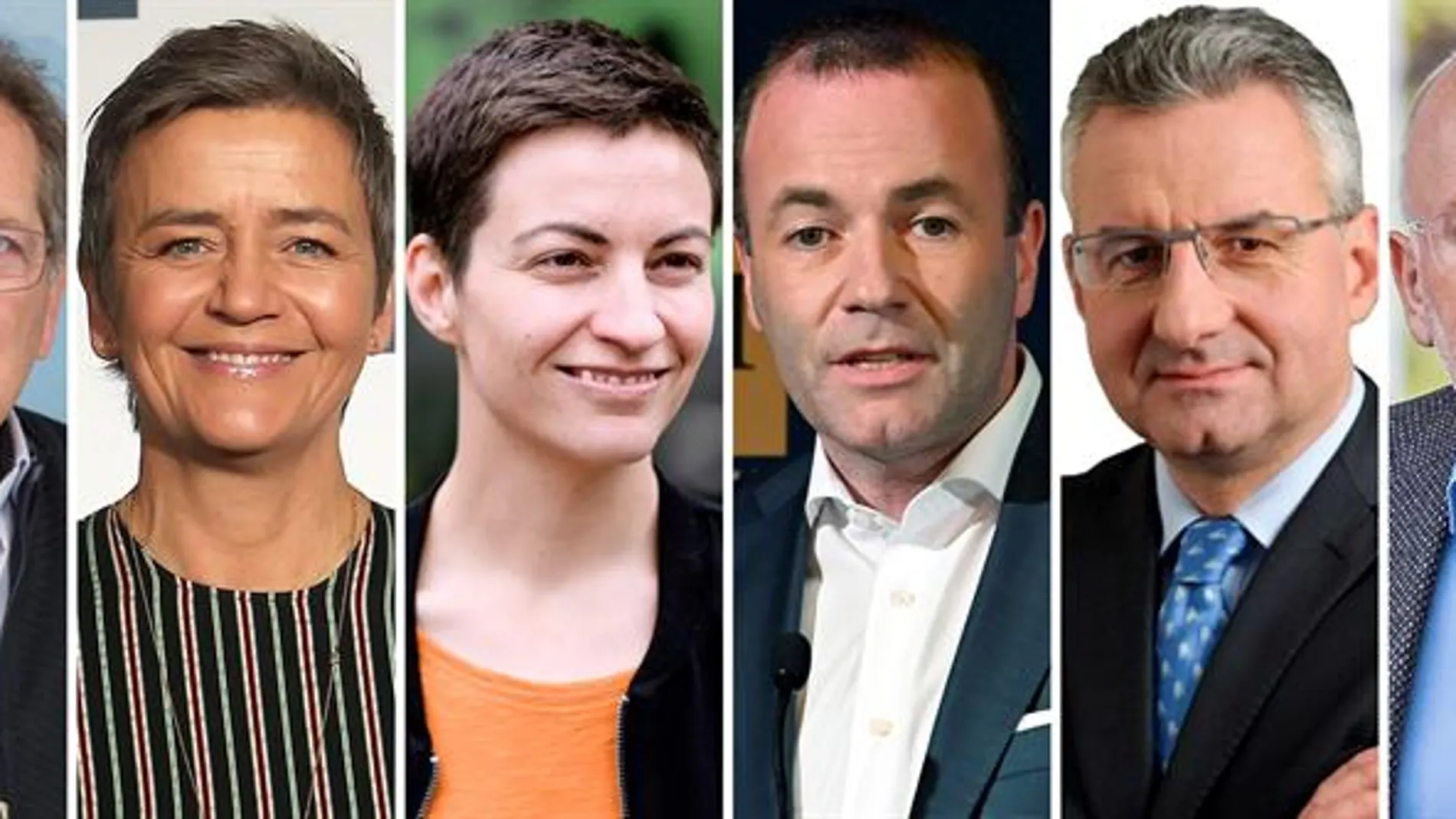 Nico Cué (PIE), Margrethe Vestager (ALDE), Ska Keller (PVE), Manfred Weber (PPE), Jan Zahradil (ECR), Frans Timmermans (PSE)