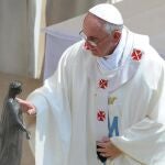 El Papa Francisco toca una imagen de la Virgen Maria delante del Palacio Apostólico