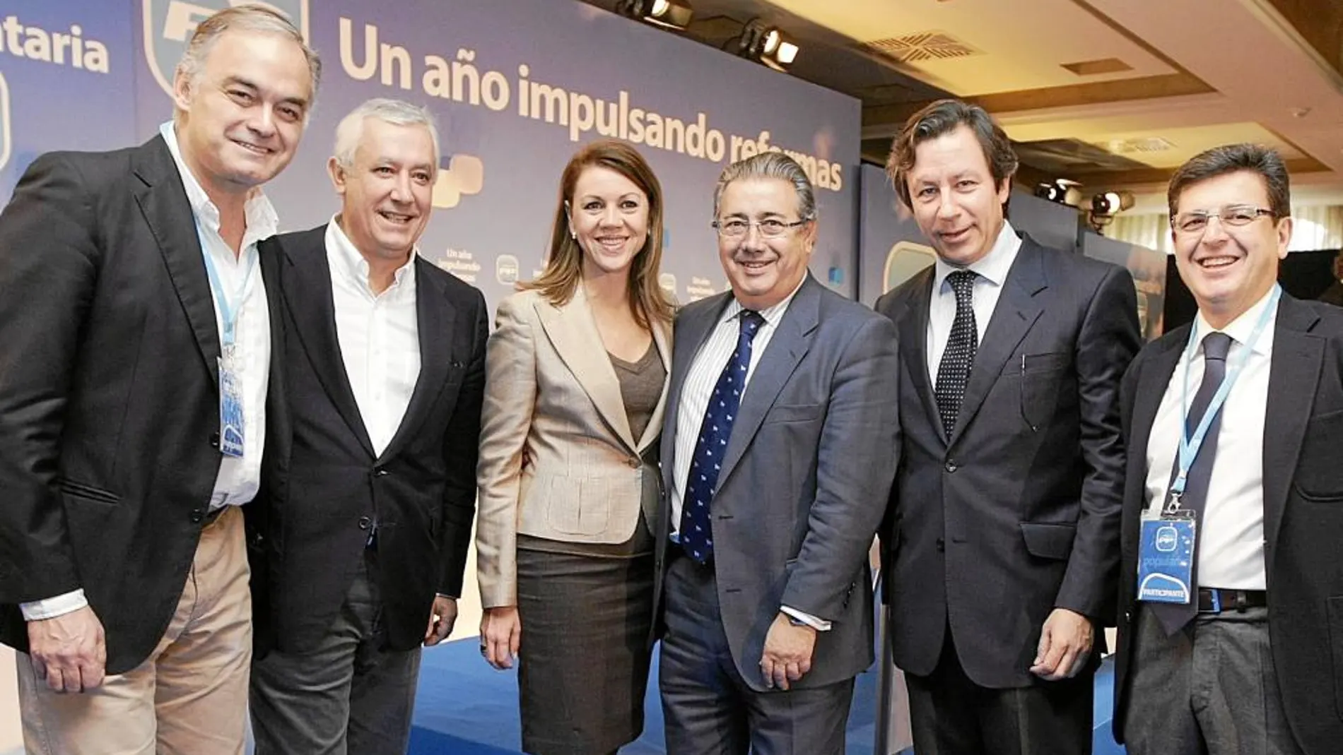 González Pons, Arenas, Cospedal, Zoido, Carlos Floriano y Juan José Matarí, ayer en Toledo