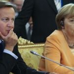 David Cameron y la canciller alemana, Angela Merkel, en la primera reunión de trabajo de la cumbre del G20.