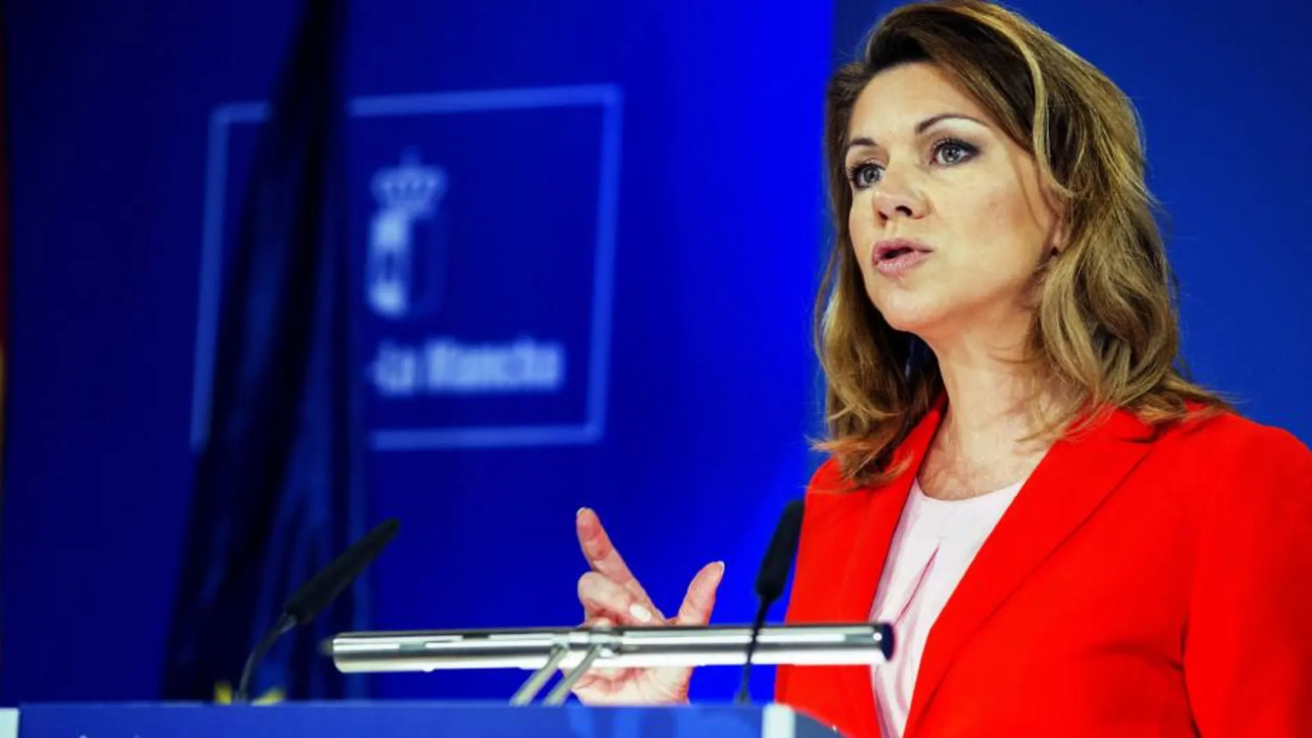 María Dolores de Cospedal, durante la rueda de prensa que ha ofrecido hoy en el Palacio de Fuensalida, en Toledo