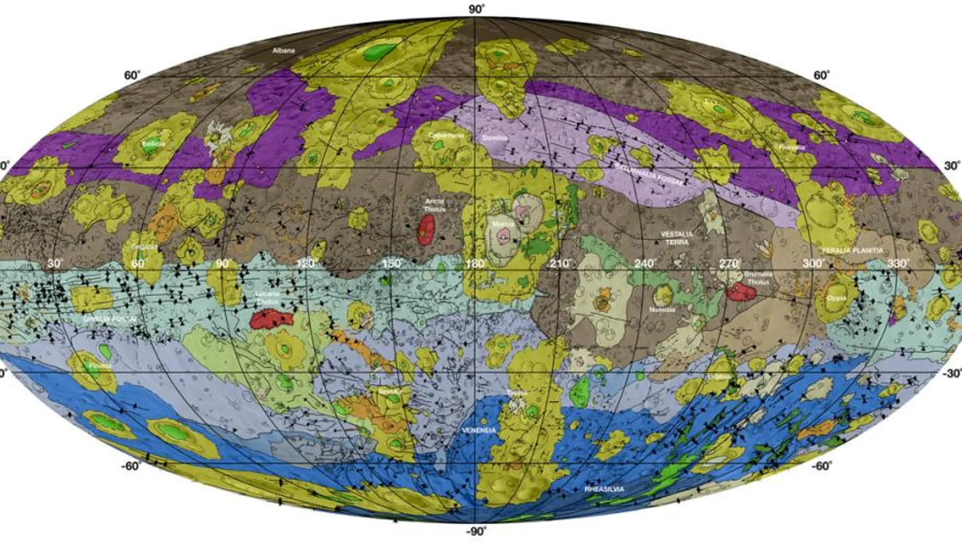 Este mapa de Vesta, en alta resolución, fue confeccionado a partir de datos que aportó la nave espacial Dawn (Amanecer, en idioma español)