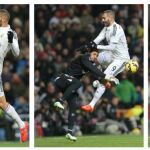 Combo de imágenes del delantero francés del Real Madrid Karim Benzemá (d) en un choque con el portero portugués del Sevilla Antonio Alberto Bastos «Beto»