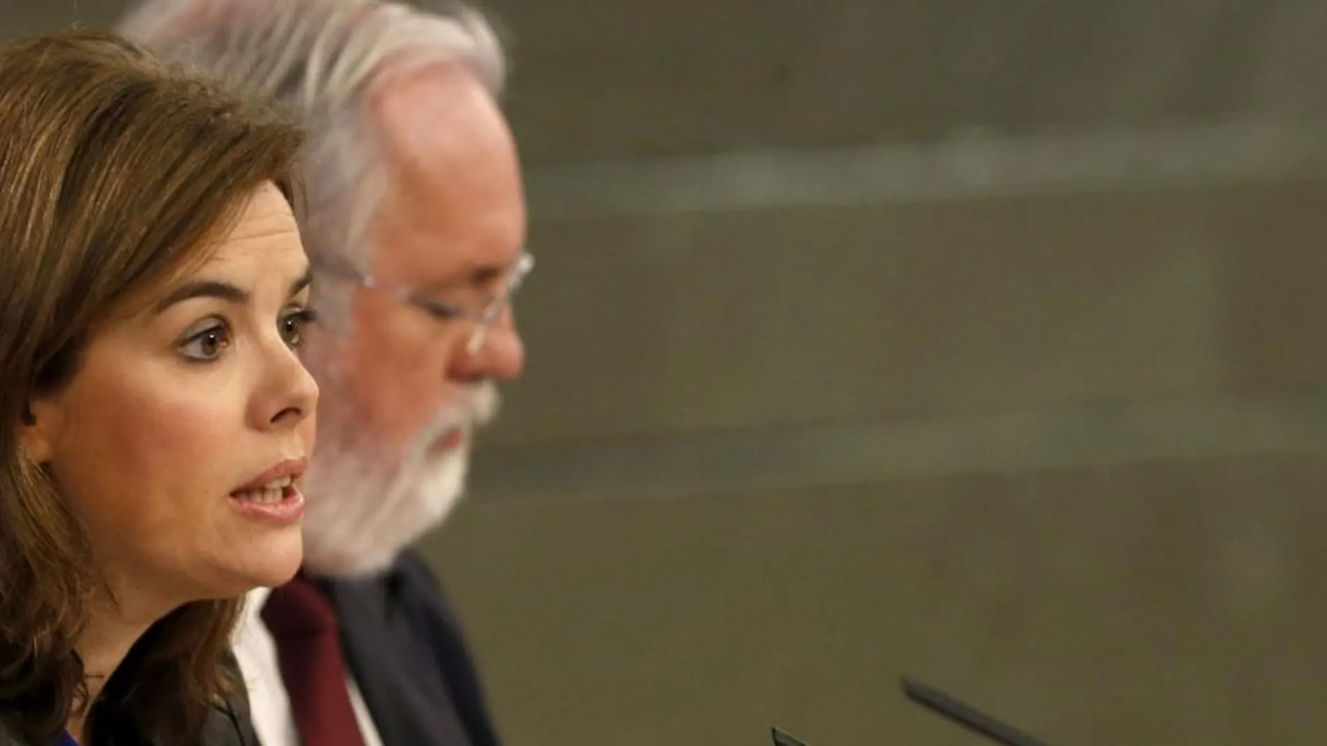 La vicepresidenta del Gobierno, Soraya Saénz de Santamaría y el ministro de Agricultura, Miguel Arias Cañete, durante la rueda de prensa posterior a la reunión del Consejo de Ministros.