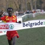 El atleta español Alemayehu Bezabeh cruza la línea de meta para ganar el cross de los 10 kilómetors de los Campeonatos de Europa que se están disputando en Belgrado (Serbia)