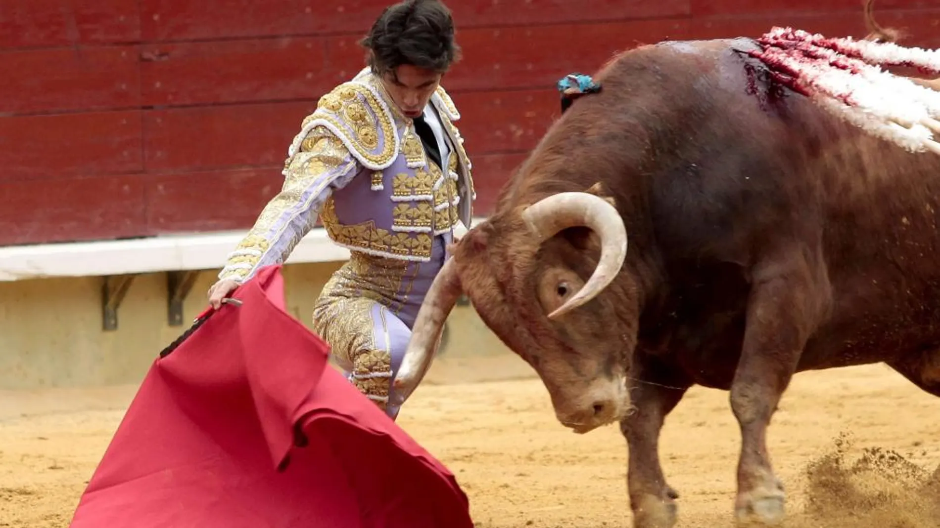 El diestro de Beziers se estira por bajo en los compases iniciales de su faena al cuarto toro de Alcurrucén de la tarde