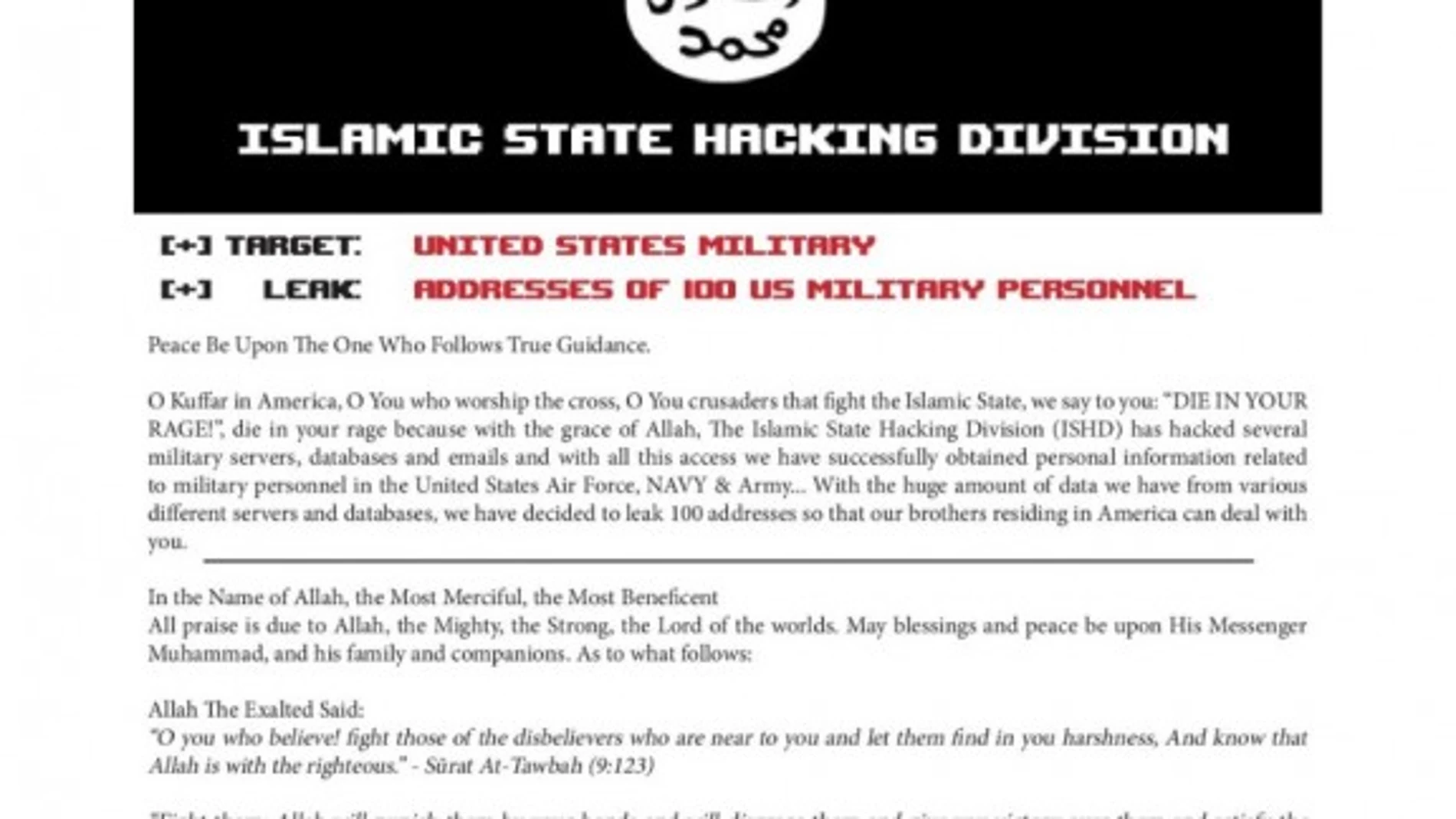 Captura de pantalla del supuesto comunicado hecho público por el Estado Islámico.