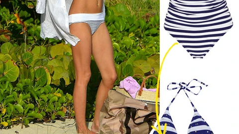 Bañador con sujetador de aros y detalle de lazo, De Marks & Spencer, 40,95€ / Bikini de triángulos y con volantes y adornos de estrellas doradas, de Liu Jo, 38€ / Originales gafas de sol, de House of Holland,214€.