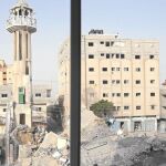Un palestino contempla la destrucción de la mezquita de Nuseirat, ayer por los bombardeos israelíes. El Ejército hebreo acusa a Hamas de utilizar los centros religiosos y públicos como arsenales para ocultarlos al enemigo.