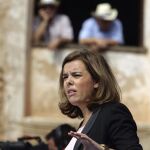 Soraya Sáenz de Santamaría, durante su intervención hoy en el Monasterio de Rodanas de Zaragoza en el Día del Afiliado del PP de Aragón.