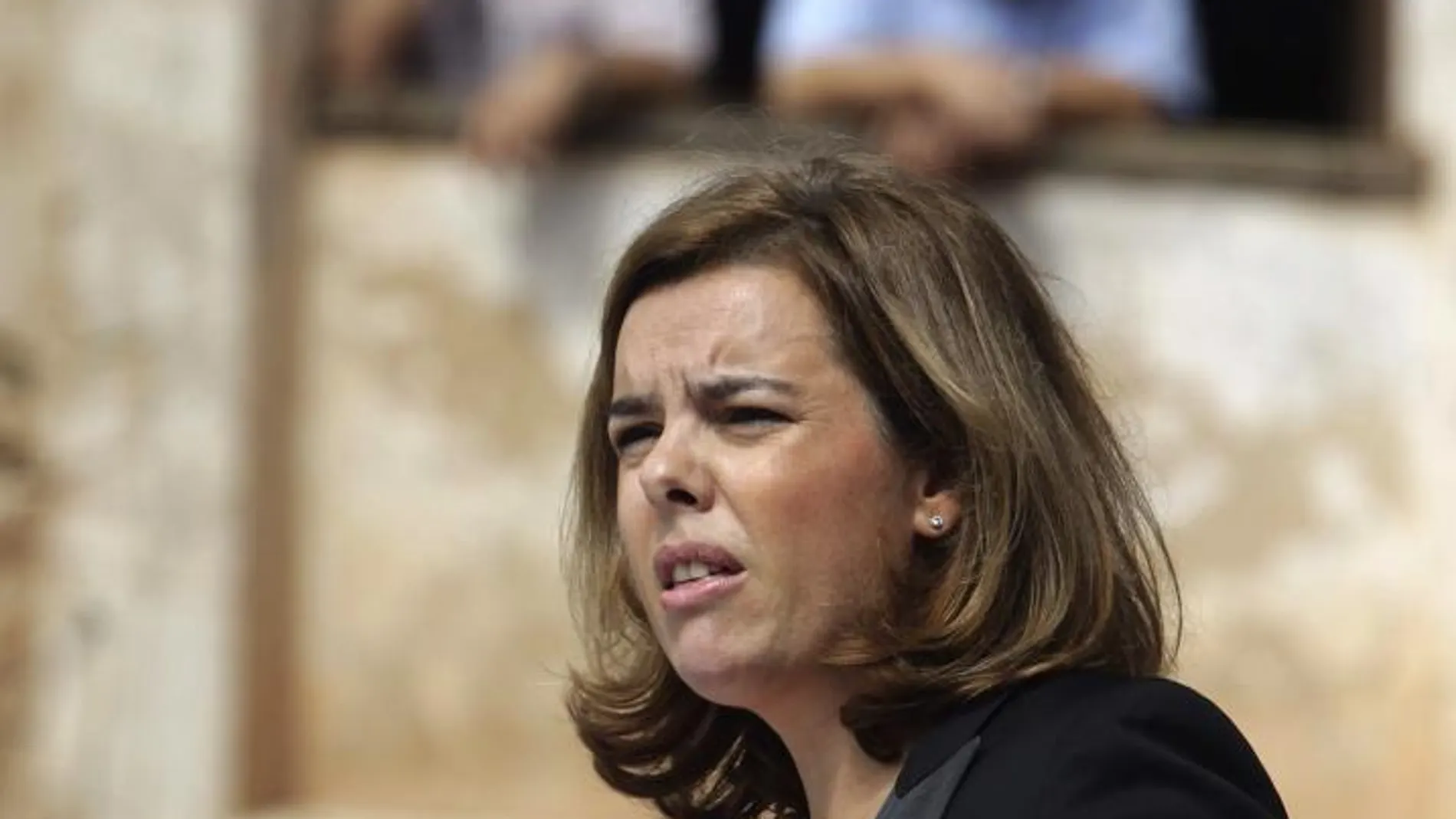 Soraya Sáenz de Santamaría, durante su intervención hoy en el Monasterio de Rodanas de Zaragoza en el Día del Afiliado del PP de Aragón.