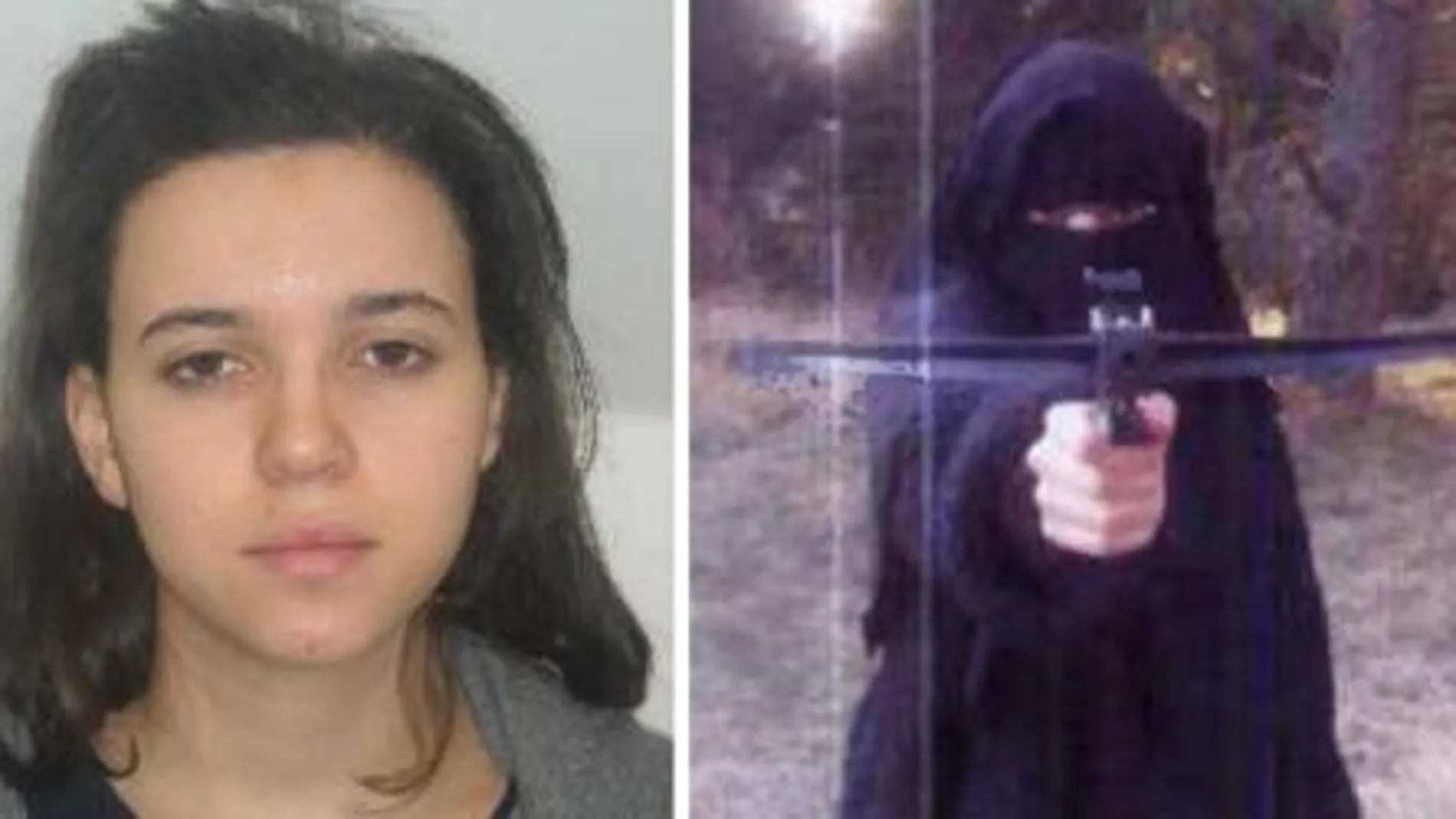 Hayat Bommedienne, en la foto distribuido por las autoridades galas y, a la derecha, con un velo integral.