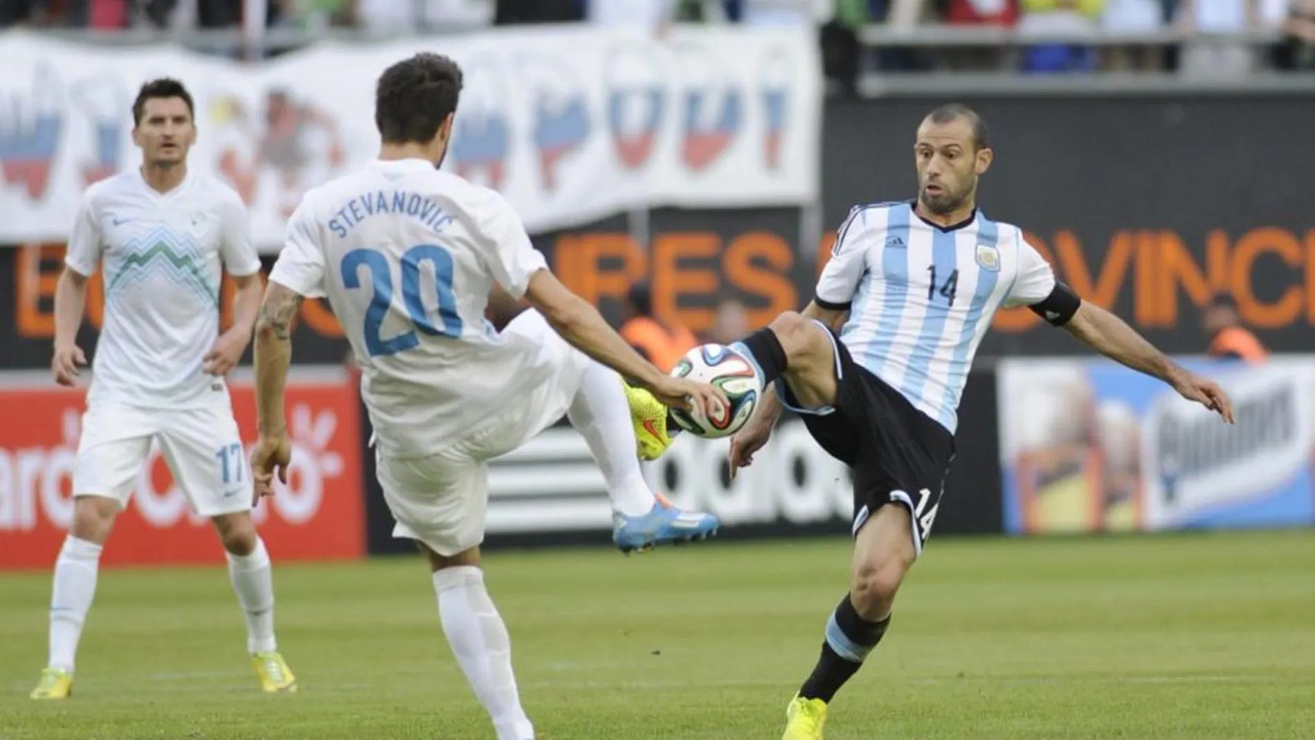 El jugador Javier Mascherano (d) de Argentina disputa el balón con el jugador Stevannovic (i) de la selección de Eslovenia