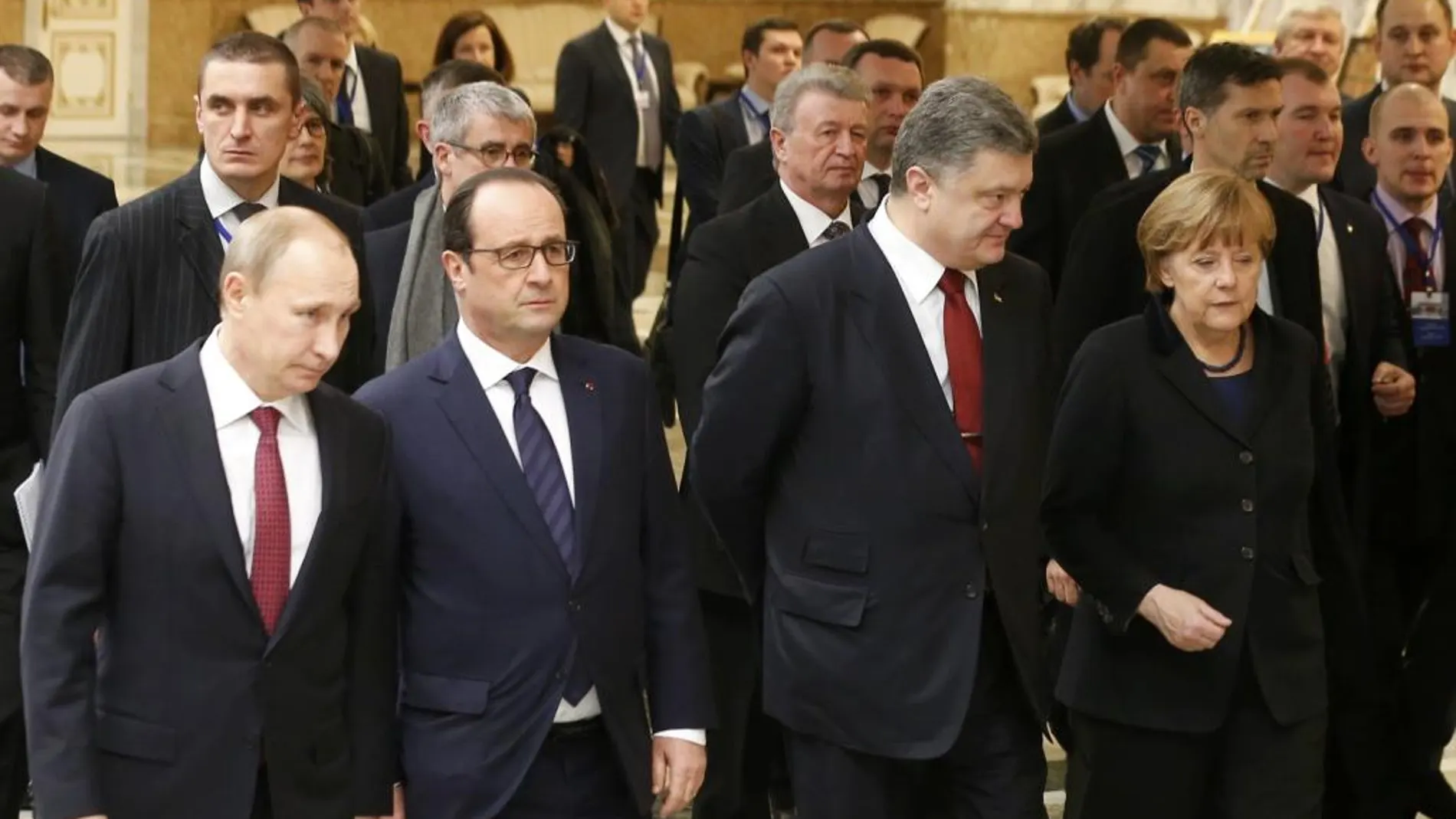 Vladimir Putin, Petro Poroshenko, Angela Merkel y Francois Hollande.