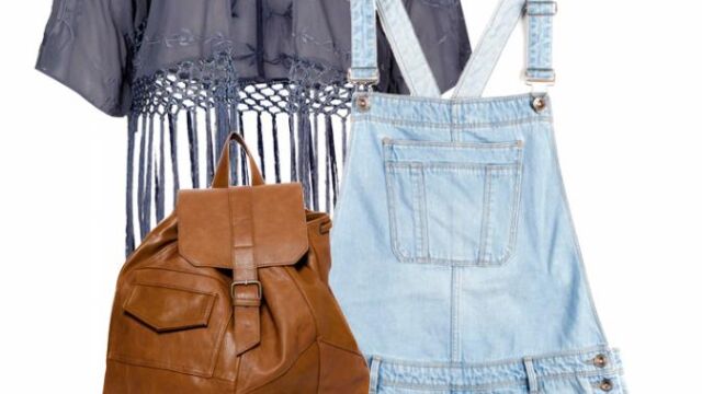 Kimono de Topshop (64€), peto corto de Springfield (29,99€), mochila de Pull&Bear (c.p.v.), botines camperos de Isabel Marant (450€), pulsera de Primark (5€) y corona de flores de Claire's (14,99€).