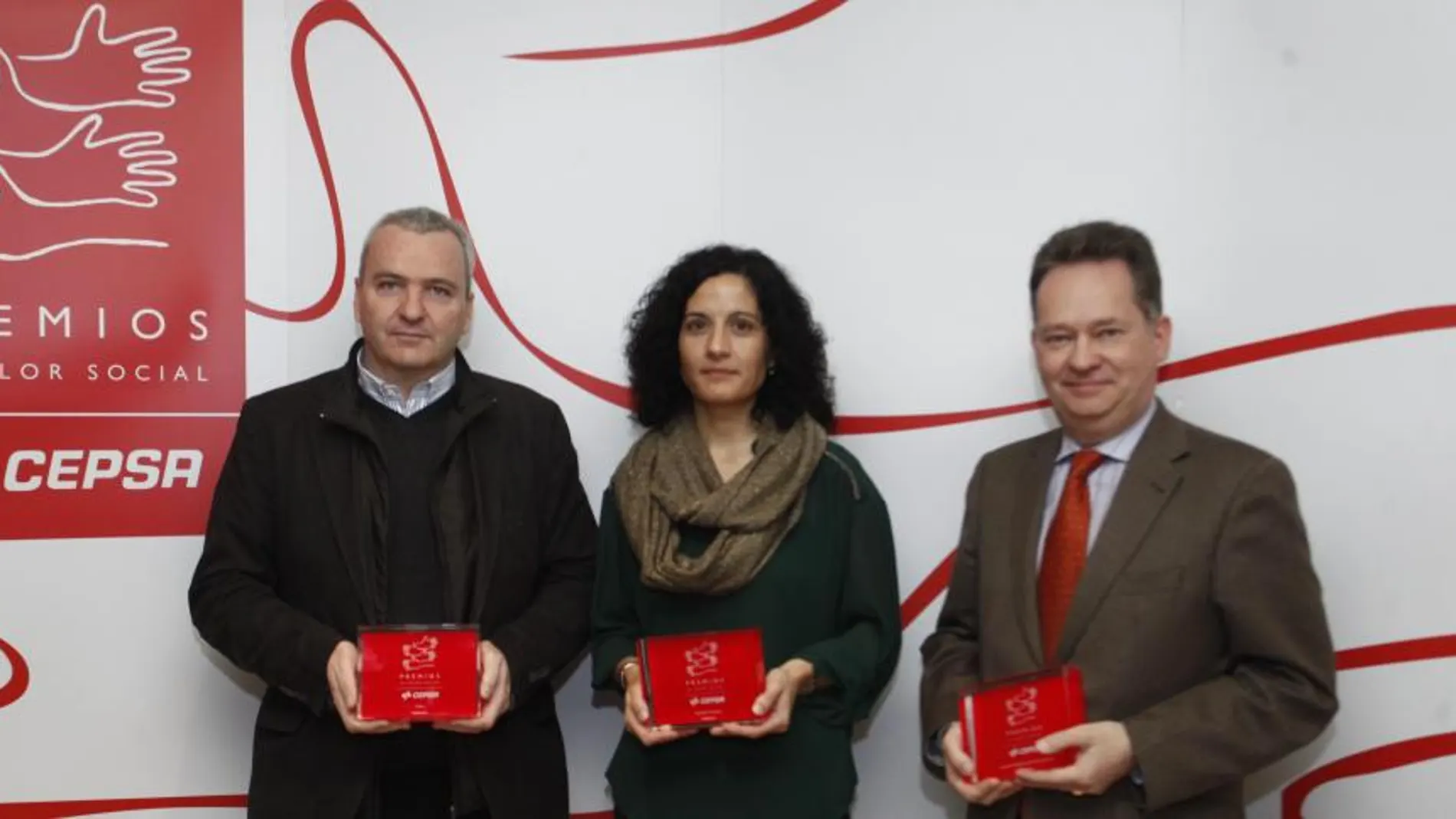 Los tres representantes de las asociaciones galardonadas ayer en Madrid posando con el premio. De izquierda a derecha: Pablo Llano (Cesal), Antonia Suances (Candelita) y Carlos Martín (Amdem)