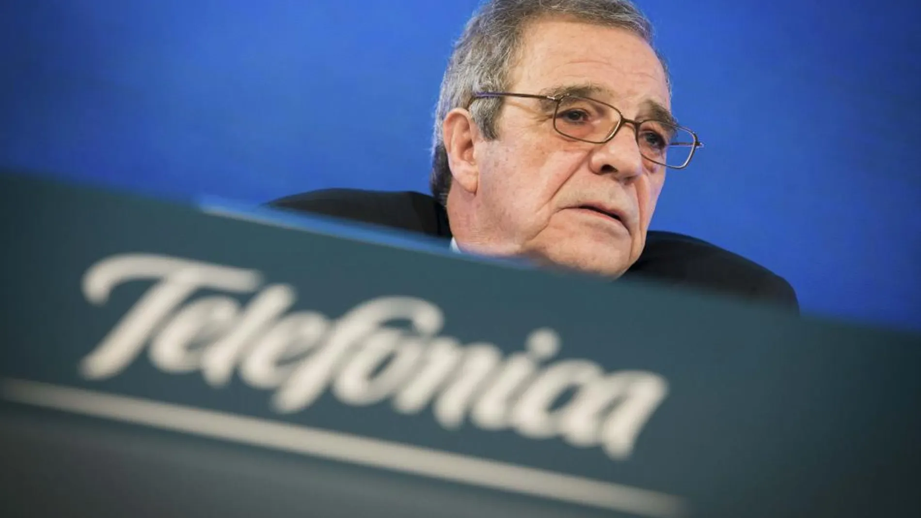 El presidente de Telefónica, César Alierta, durante la rueda de prensa para presentar los resultados de la compañía.