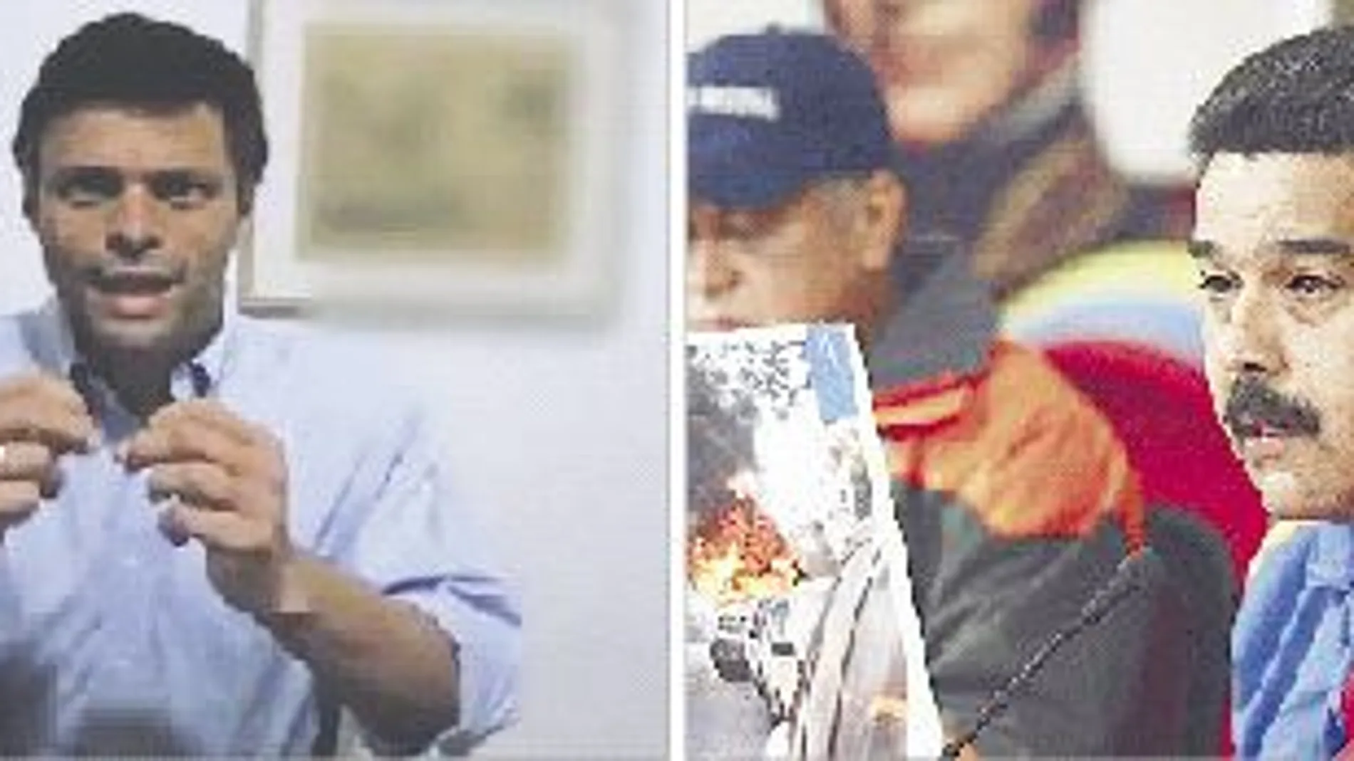 El líder opositor Leopoldo López en una imagen del video y Nicolás Maduro a la derecha