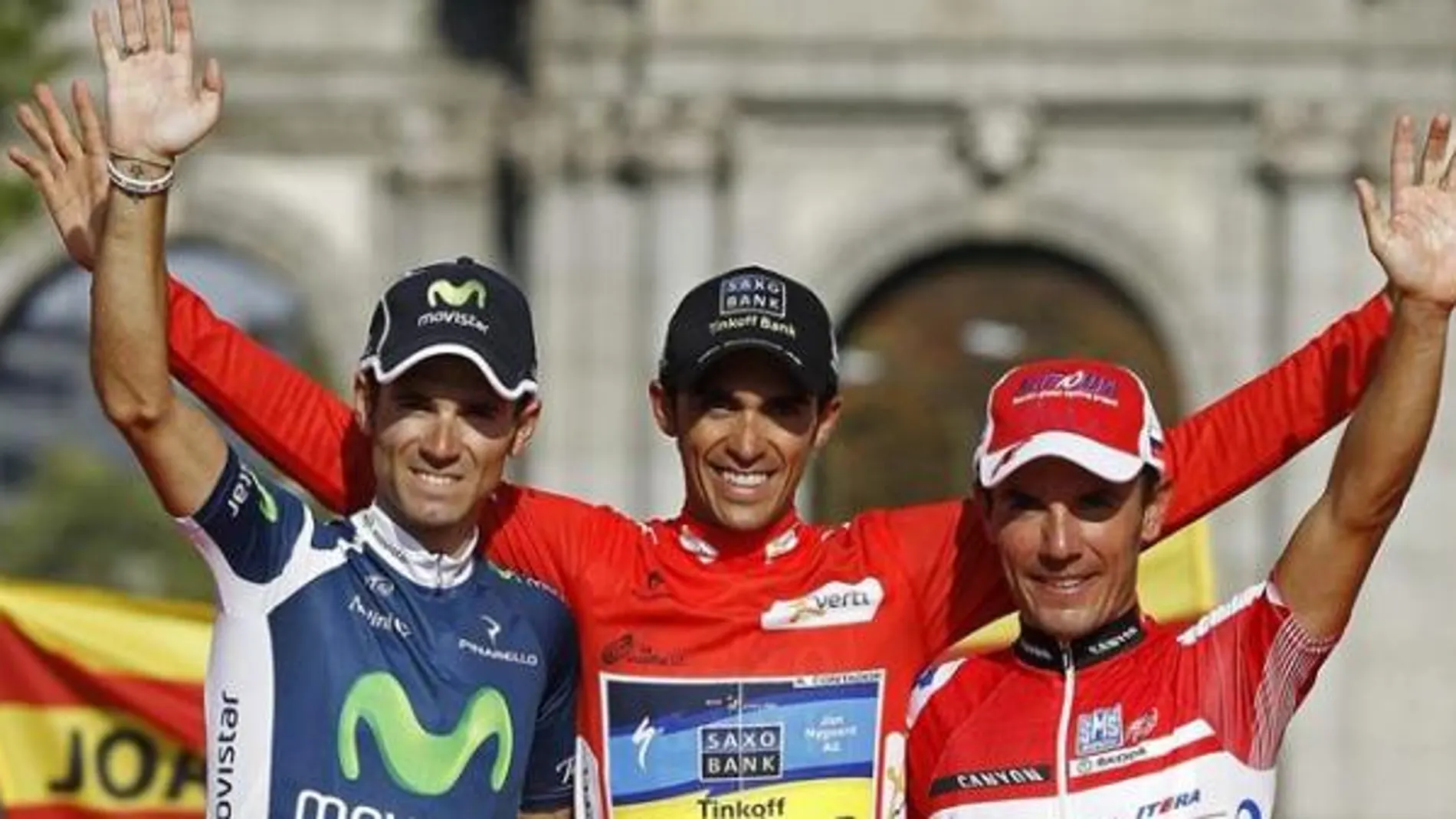 Podio en Madrid de la Vuelta 2012 con Valverde, Contador y Purito