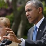 Barack Obama y Angela Merkel se dirigen a los medios tras su reunión en la Casa Blanca.
