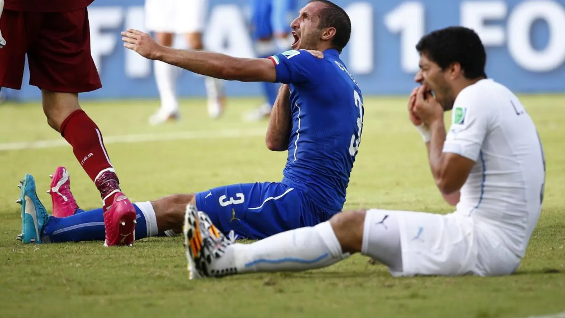 El jugador italiano Giorgio Chiellini protesta tras ser mordido por el jugador de Uruguay Luis Suárez