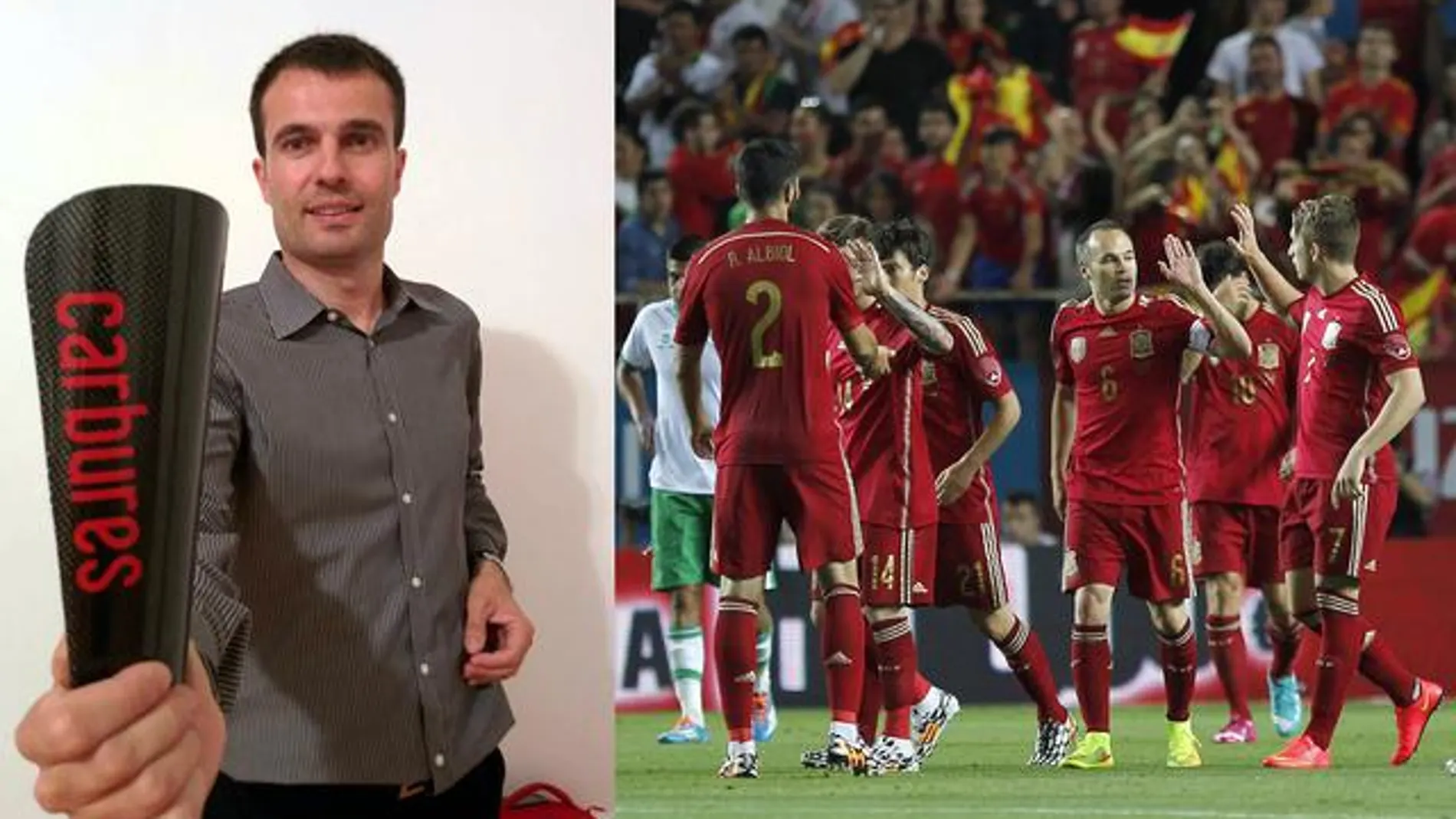 Iván Contreras con la espinillera creada por él, que protegerá las piernas de los jugadores de la selección española en el Mundial de fútbol 2014