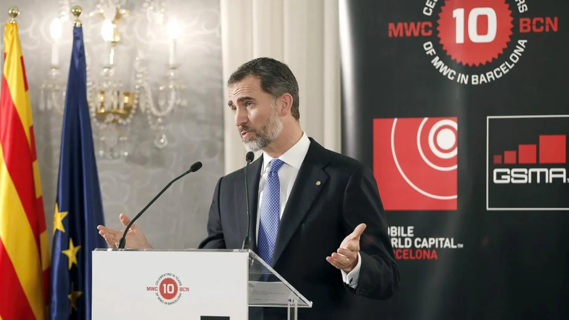 El Rey Felipe durante su intervención en la cena de bienvenida a los asistentes al Congreso Mundial de Móviles (MWC)